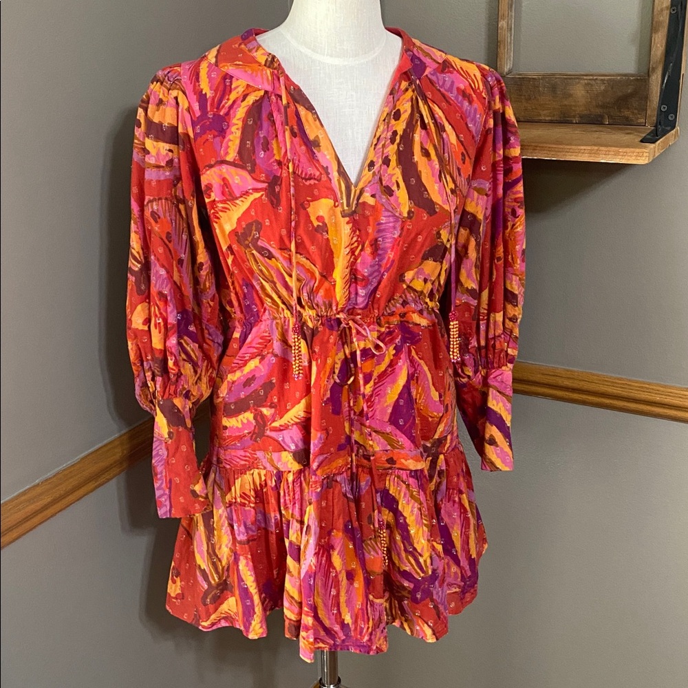 FARM Rio Banana Juice red, orange & brown long sleeve Cotton Minidress size S - Picture 4 of 12